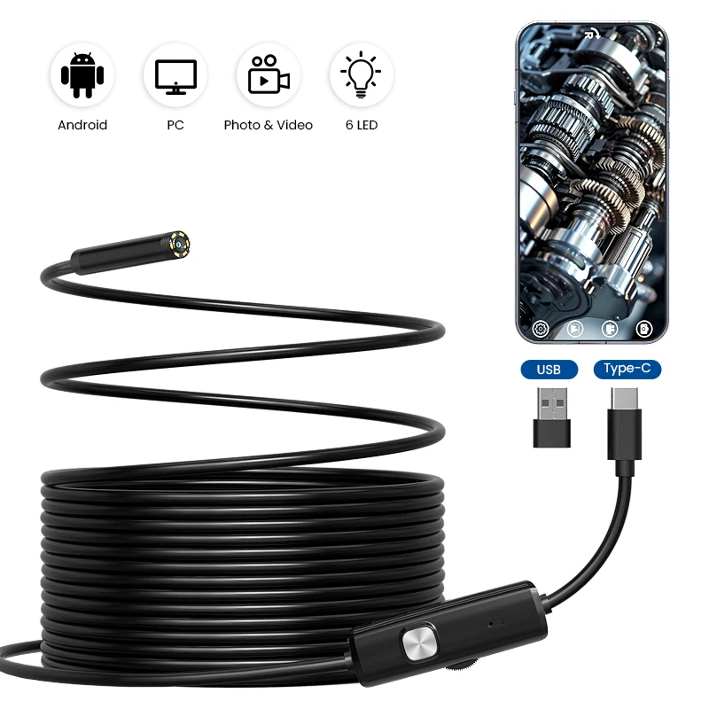 TYPE-C Android Endoscope Camera 7MM/5.5MM Lens Waterproof Probe USB-C Car Inspection Borescope with 6LEDs for Android Phones PC