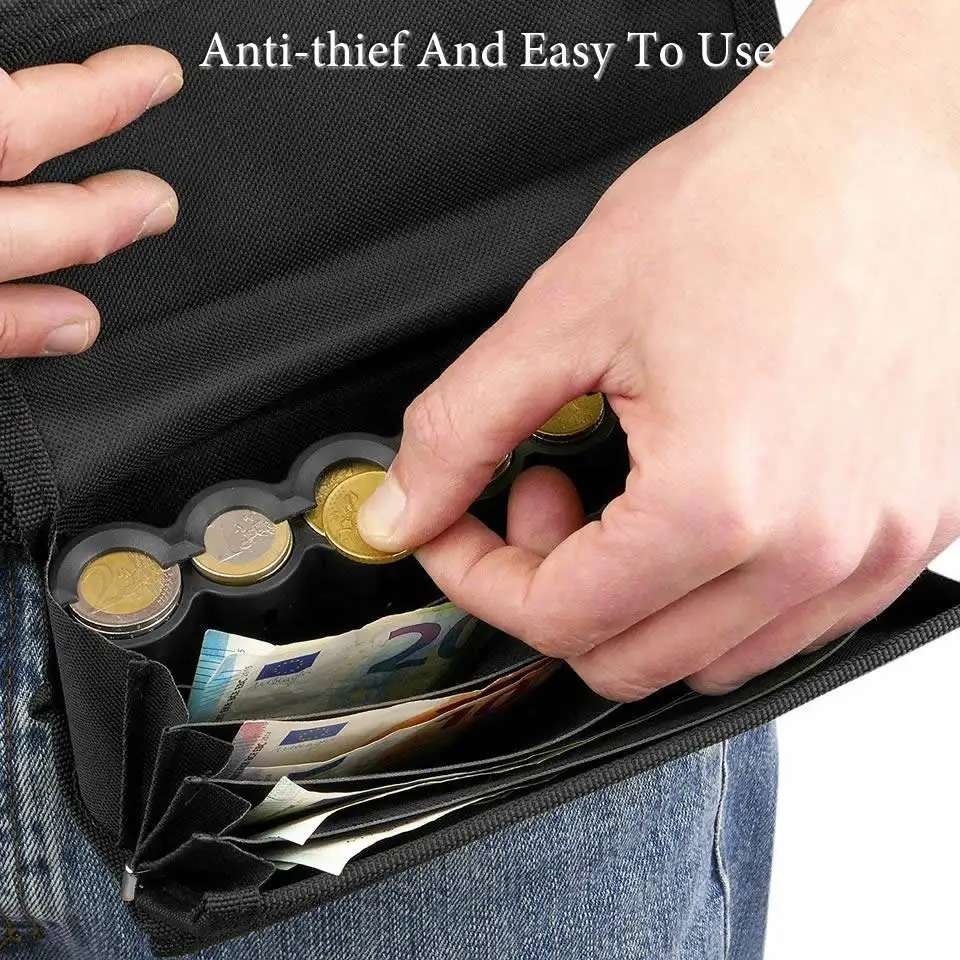 6 Slots Euro Coin Dispenser Driver Waiter's Purse Waist Wallet Zipper Pocket Coin Sorter Collector Cash Receipt Coins Safe