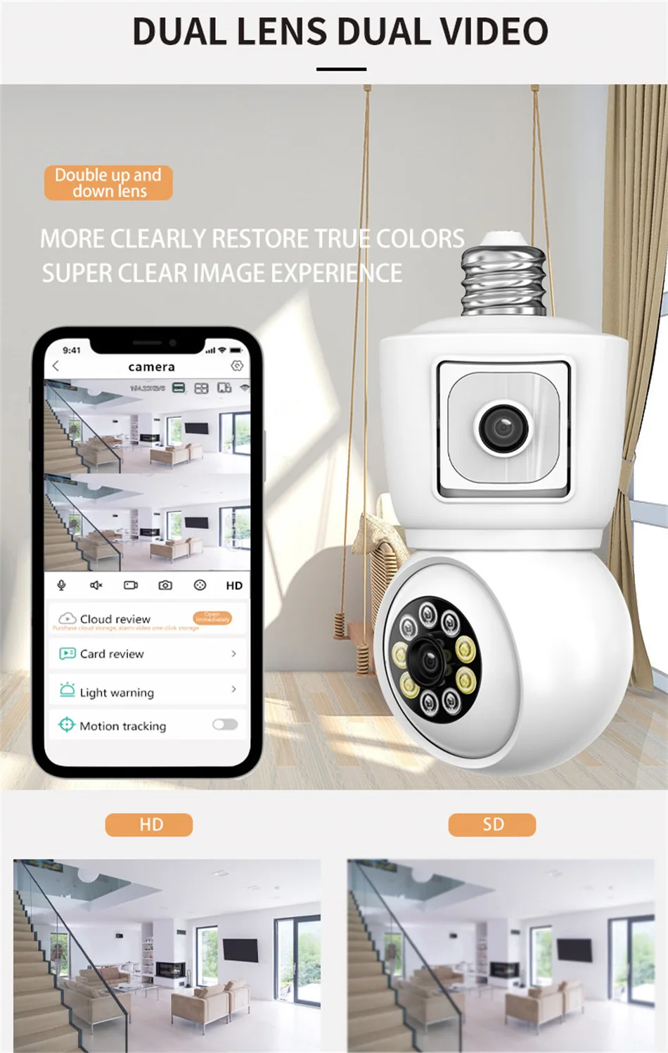 ICsee E27 6MP Bulb WiFi Camera Dual Lens Dual Screen Auto Tracking Two Way Audio Color Night Vision for Indoor Security Camera