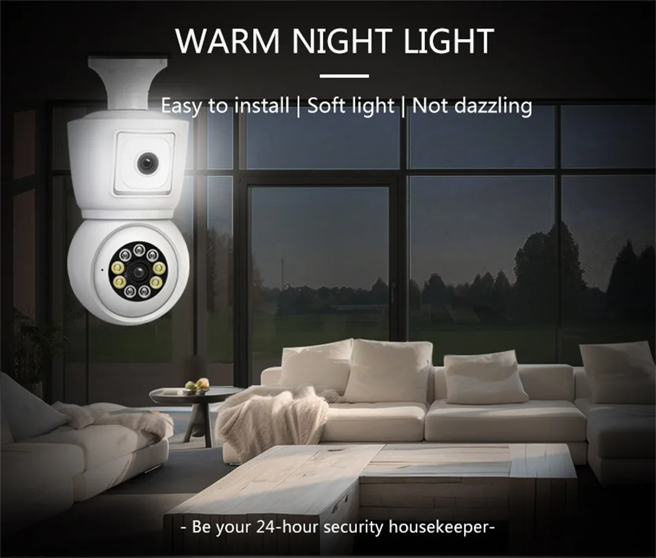 ICsee E27 6MP Bulb WiFi Camera Dual Lens Dual Screen Auto Tracking Two Way Audio Color Night Vision for Indoor Security Camera