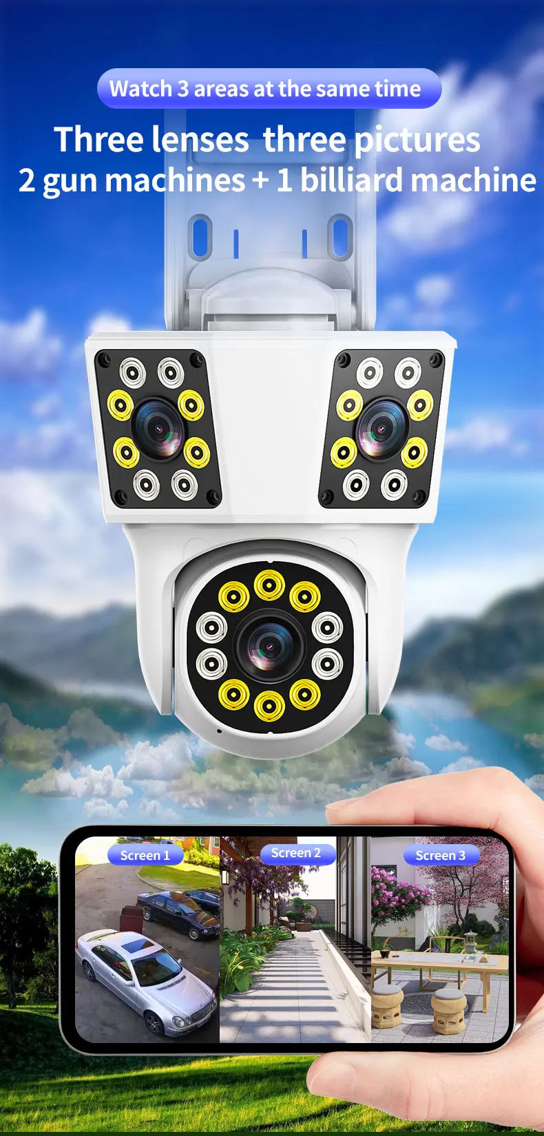 IPC360 HOME 3 lens 3 Screens IP Outdoor Camera WIFI Motion Tracking PTZ Video CCTV Camera Dual Lens Waterproof Security System