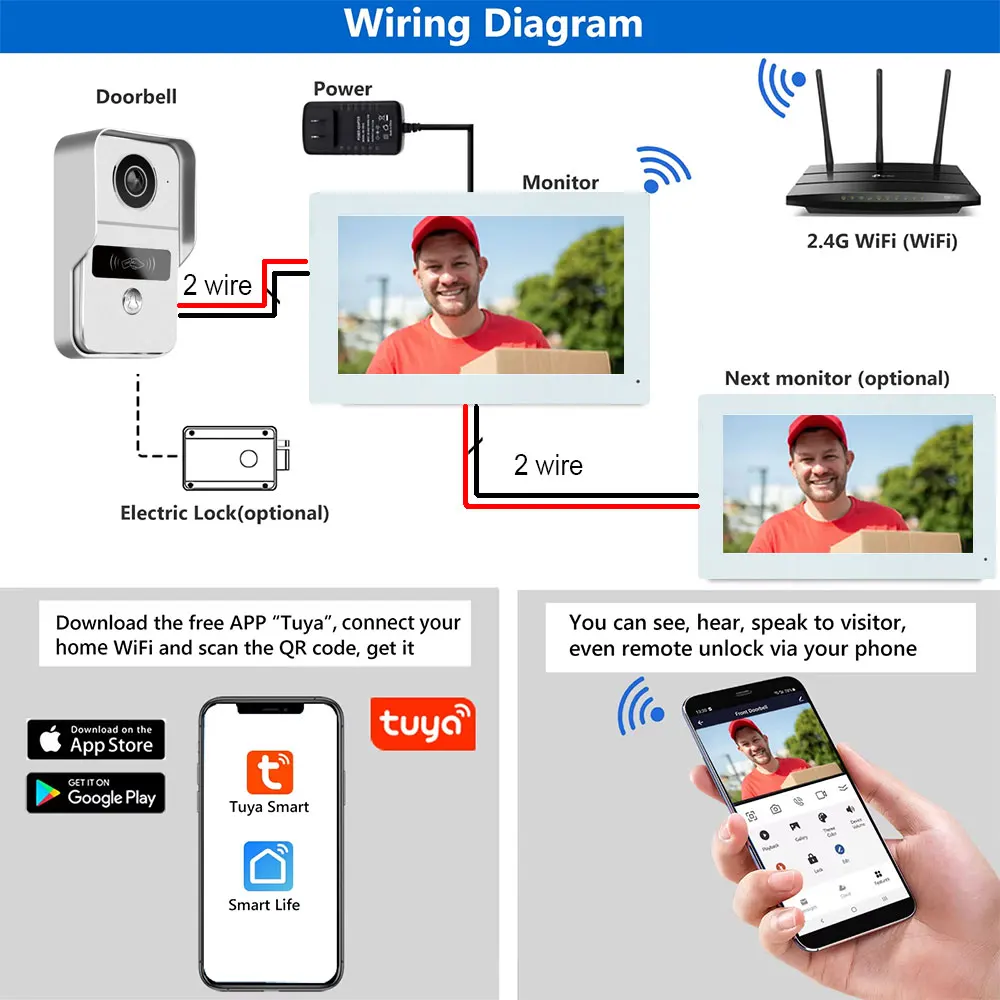 7/10inch Wifi 2 Wire Intercom Door Bell Video Intercom System For Home Doorphone WiFi TUYA Smart Life APP 1080P Touch Monitor