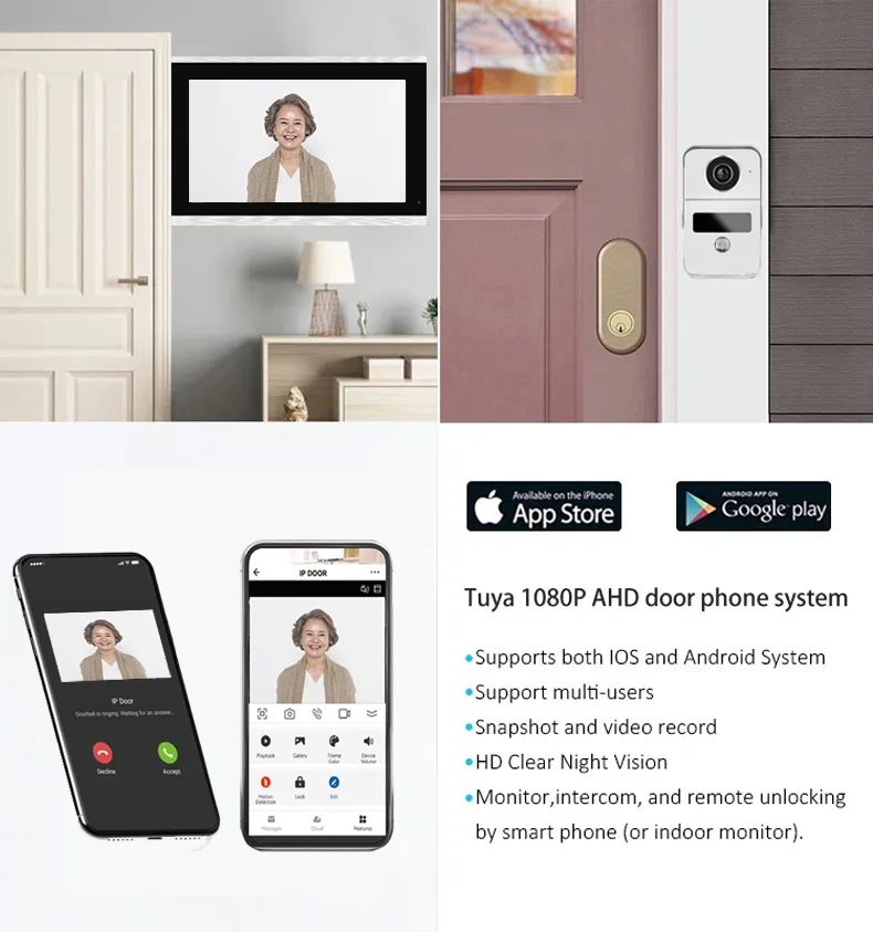 Support Tuya App 4 Wire Digital Video Intercom System 7 / 10.1 Inch Wireless WIFI Monitor 1080P Doorphone Camera Video Doorbell