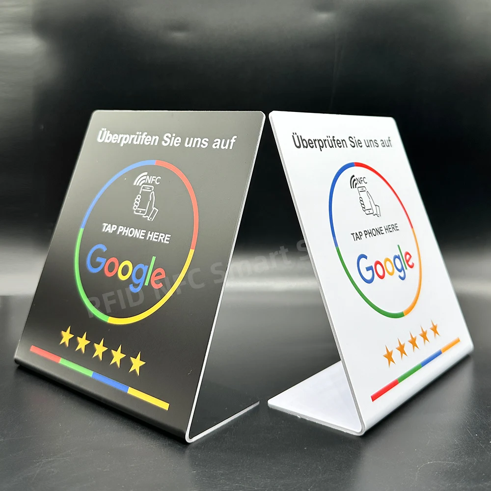 NFC Tap Card Stand German French Spanish English 4 Version Google Review NFC Stand NFC Table Display for Restaurant