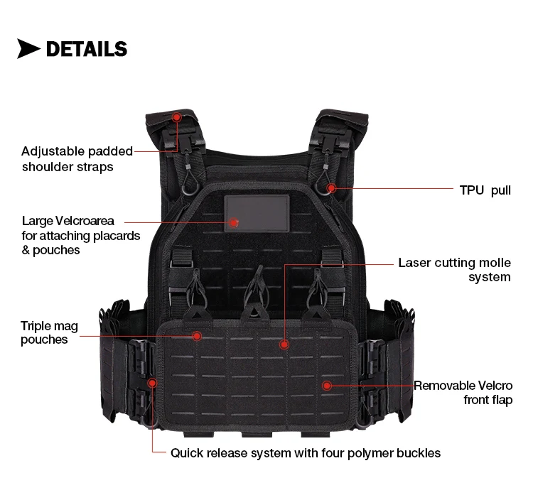 YAKEDA Tactical Vest 6094 Fast Detachable Light Laser Cut Outdoor Hunting Black Gear Carry Vest of High Quality