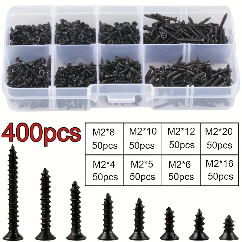 400/800PCS M2 Carbon Steel Phillips Countersunk Self-Tapping Screws - 8 Types of Screws in Box, Black KA Set