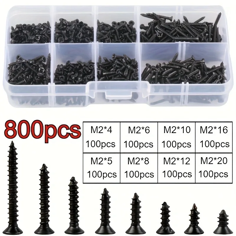 400/800PCS M2 Carbon Steel Phillips Countersunk Self-Tapping Screws - 8 Types of Screws in Box, Black KA Set