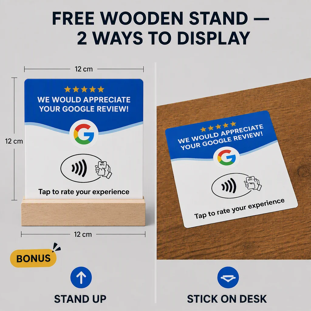 4-pack Acrylic NFC Google Review Card 12x12cm with Wooden Stand Tap to Leave 5-Star Review Sign for Tabletop Counter Display