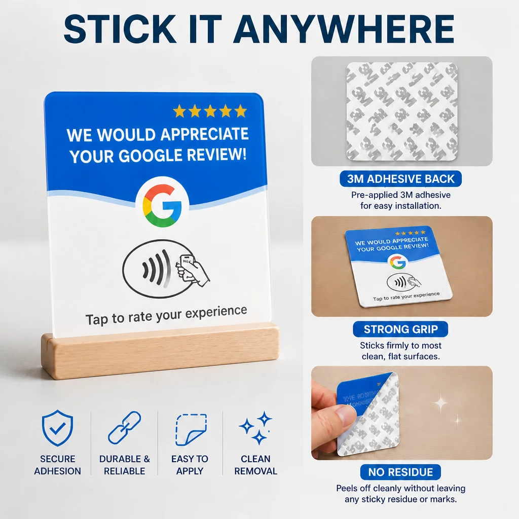 4-pack Acrylic NFC Google Review Card 12x12cm with Wooden Stand Tap to Leave 5-Star Review Sign for Tabletop Counter Display