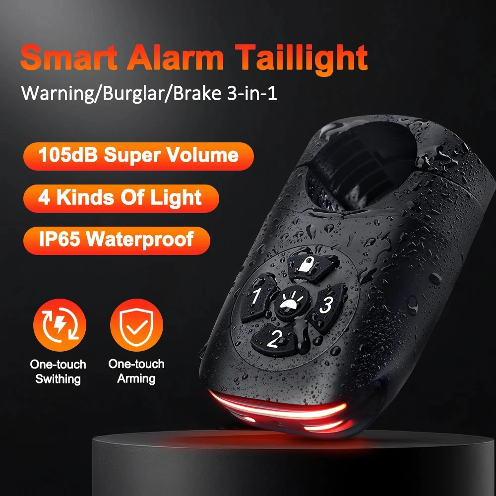 Bicycle Password Anti-theft Alarm Taillight 105dB Loud Burglar Alarm IPX6 Waterproof 4 Lighting Mode Bike Brake Warning Light
