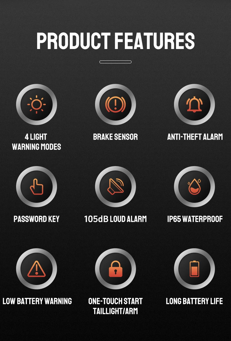 Bicycle Password Anti-theft Alarm Taillight 105dB Loud Burglar Alarm IPX6 Waterproof 4 Lighting Mode Bike Brake Warning Light