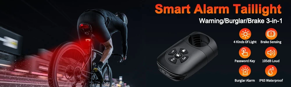 Bicycle Password Anti-theft Alarm Taillight 105dB Loud Burglar Alarm IPX6 Waterproof 4 Lighting Mode Bike Brake Warning Light