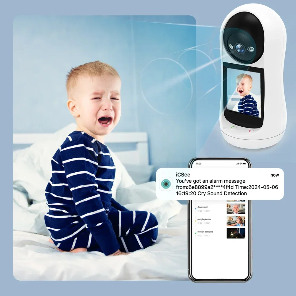 2K Home Baby Monitor with 2.8' IPS Screen PTZ WiFi Indoor 5MP Security Cam with Human Tracking Two-Way Audio Video Call ICsee