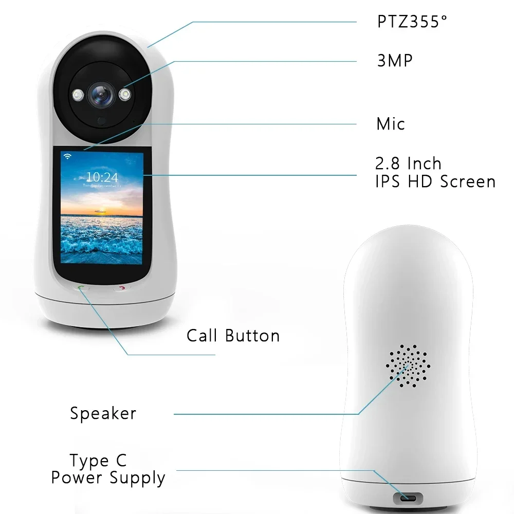 2K Home Baby Monitor with 2.8' IPS Screen PTZ WiFi Indoor 5MP Security Cam with Human Tracking Two-Way Audio Video Call ICsee