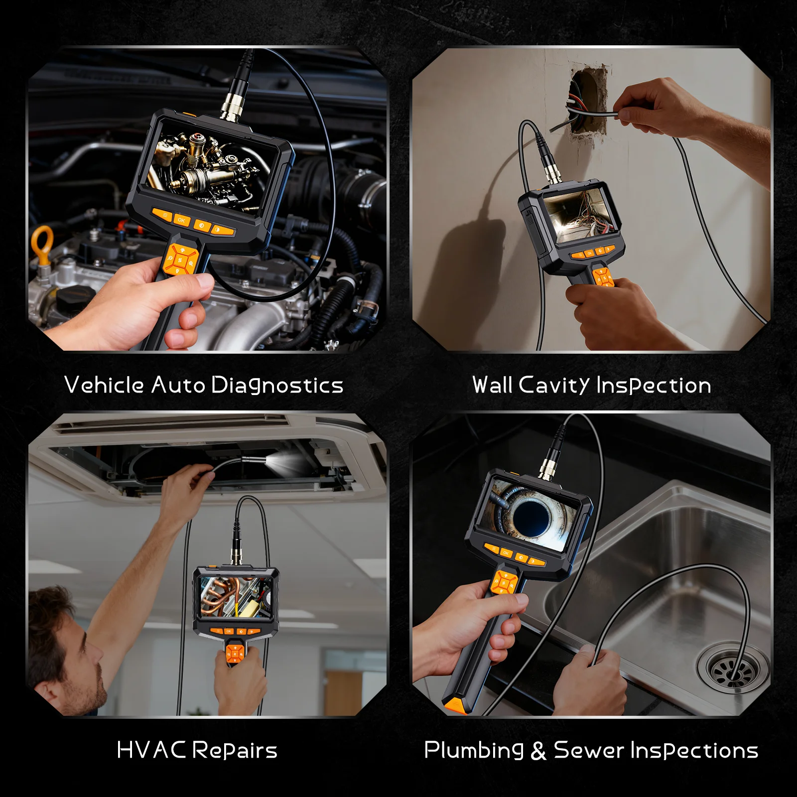 4.3inch Handheld Endoscope 1920P Borescope Camera with Light 16.4ft Semi-Rigid Snake Cable for Automotive,Sewer, HVAC,Wall IP67