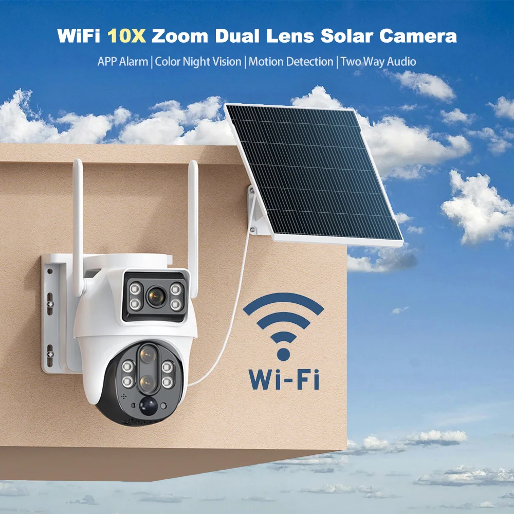 XIAOVV WiFi Solar Camera Dual Lenses Outdoor 8MP Low Power Battery IP Camera PIR Night Vision Wireless Security Camera