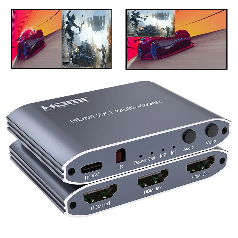 2 Port HDMI Multi-Viewer 2x1 with PIP Mode 1080P 60Hz HDMI Video Seamless Switch 2 in 1 out with Remote for Camera Laptop PC TV
