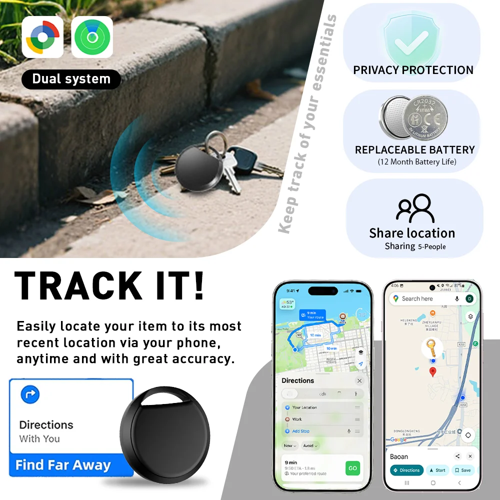 Bluetooth Smart Tag Dual OS Compatible with Apple Find My & Google Find Hub Anti-Lost Item Finder for Keys Wallet Luggage Pets