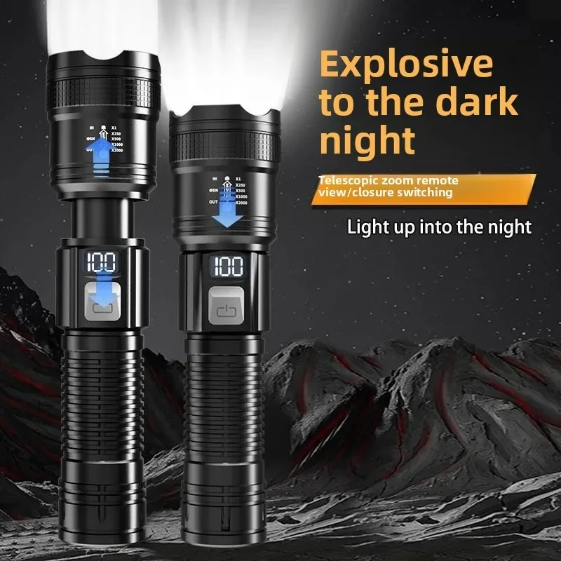 Rechargeable LED Flashlight Zoomable Torch with LCD Display 3 Modes Waterproof High Power Hand Light Outdoor Wilderness Camping