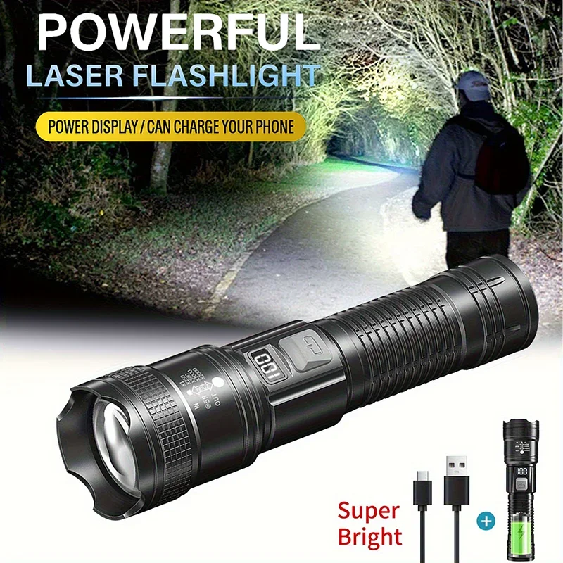 Rechargeable LED Flashlight Zoomable Torch with LCD Display 3 Modes Waterproof High Power Hand Light Outdoor Wilderness Camping