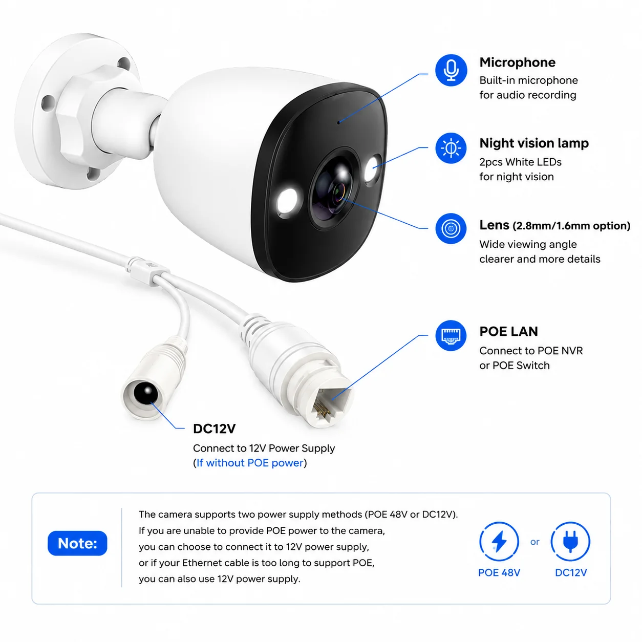 4K POE Security Camera Ultra-Wide-Angle 1.6MM/2.8MM ONVIF IP66 Outdoor CCTV Camera Dual Light Night Vision 4MP 5MP Built-in Mic