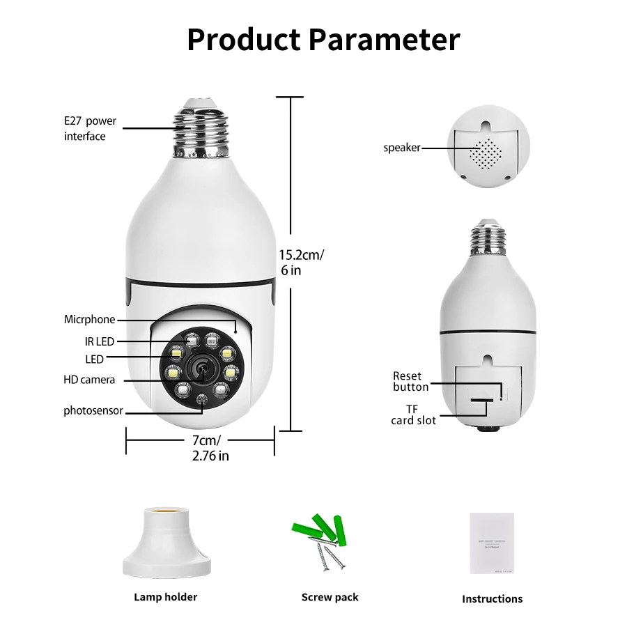 E27 Bulb WiFi Camera PTZ Night Vision Full-Color HD Automatic Tracking CCTV Baby Monitor 1080P Security Camera ICSEE XMEYEY