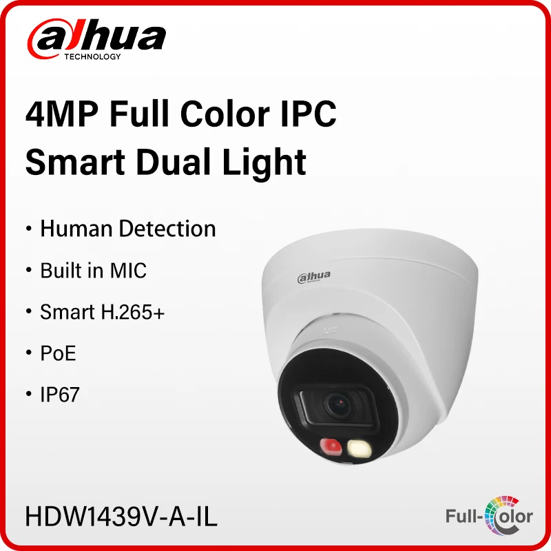 Dahua 4MP PoE Smart Home Full Color Camera Human Detection Network Monitor Built in Mic PoE IR 30m IP67 Waterproof HDW1439V-A-IL