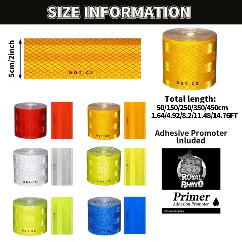 450/250/50CM DOT-C2 Reflective Car Stickers Outdoor Waterproof Warning Tapes White Red Blue Yellow PET Reflectors Safety Strip