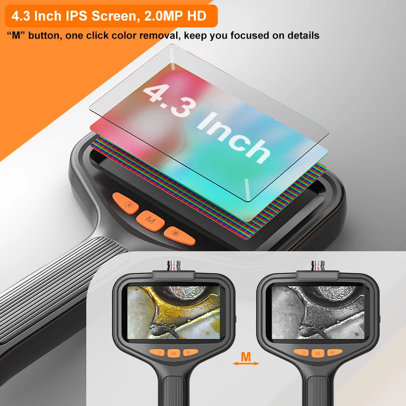 4.3'' Industrial Endoscope Camera 1080P HD 50m Rigid Cable Hand-held Waterproof Borescope Camera Split Design Check Car Sewer