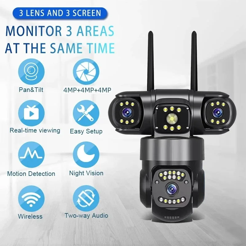 12MP 6K Triple Lenses WiFi IP Camera Outdoor Triple Screens Weatherproof Night Vision Home Security CCTV Surveillance Cam