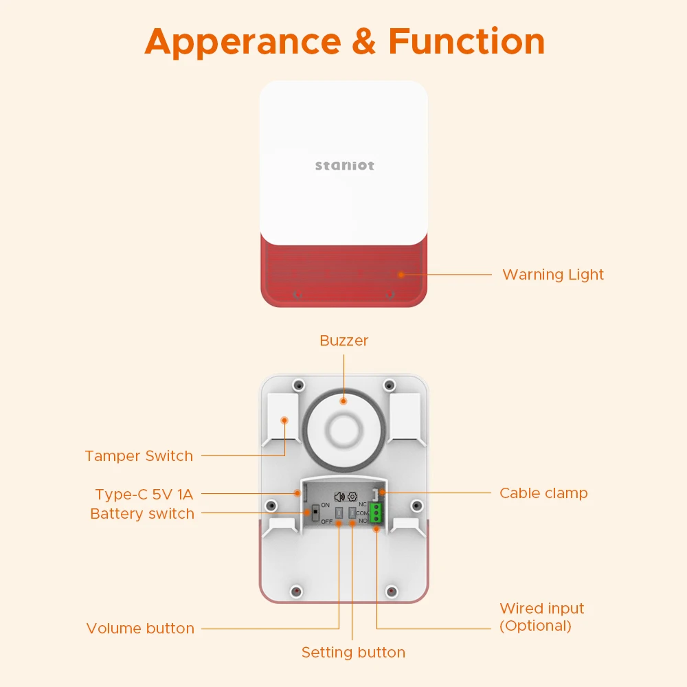 Staniot Indoor Siren Alarm 115dB High Decibel Wireless 433MHz Anti-Theft Smart Home Devices Waterproof House Alarm System