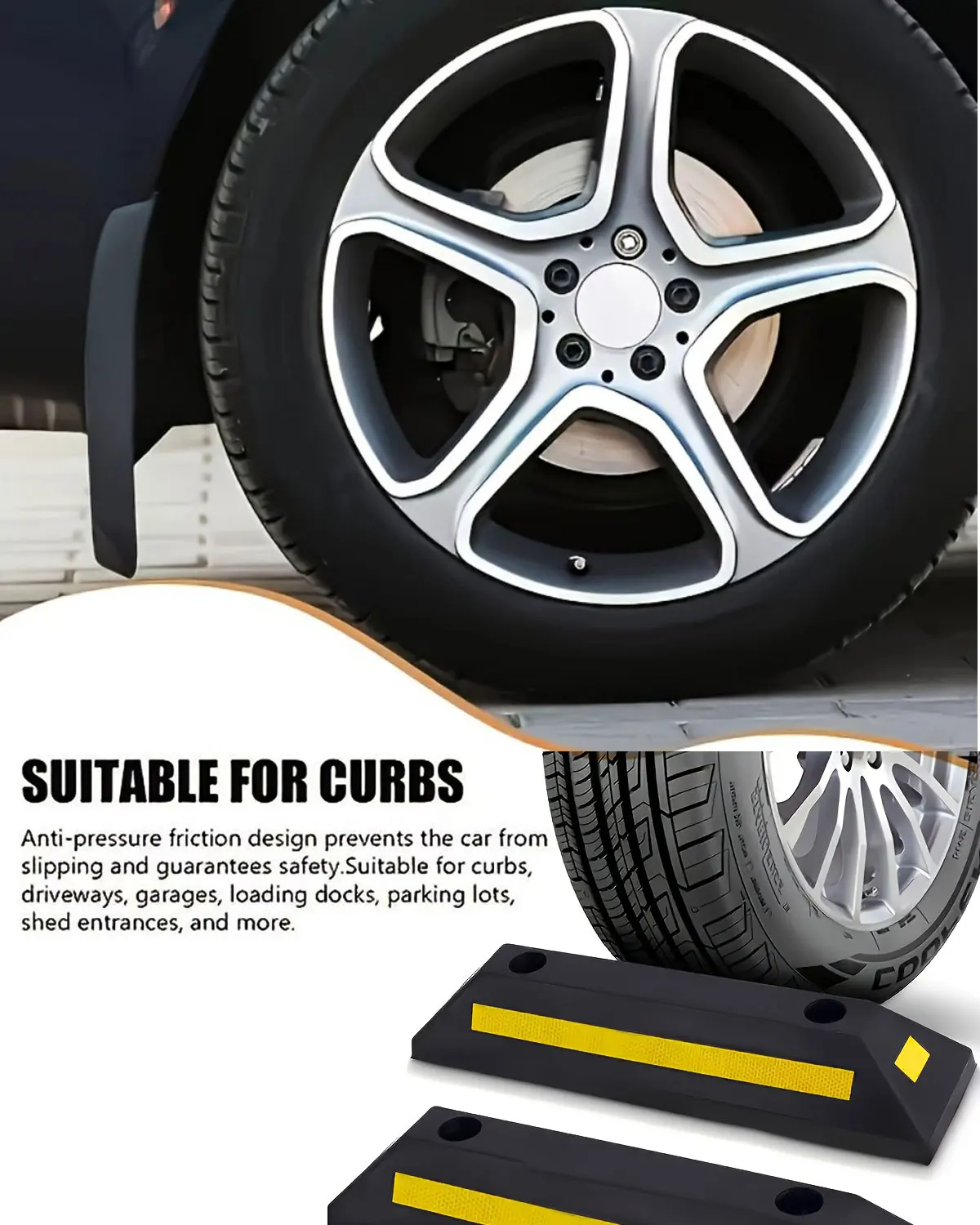 Heavy-Duty Parking Blocker, Heavy-Duty Rubber Parking Blocker with Yellow Stripe Device Ensures Vehicle Stability, Suitable for Garage and Outdoor Use.