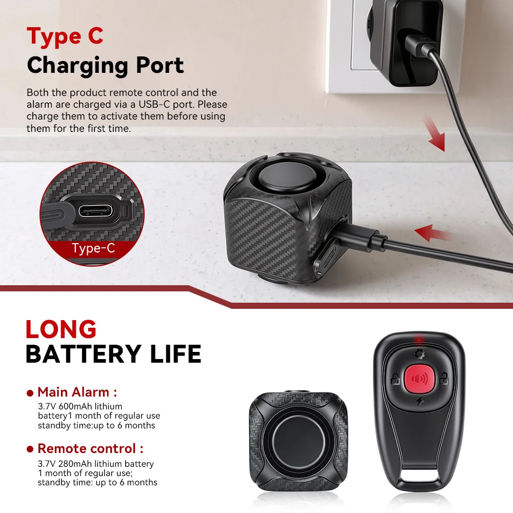 Two Way Bike Anti-theft Vibration Alarm Waterproof 7 Sensitivity 4 Volume 3 Alert Modes 121dB E-bike Motorcycle Scooter Alarm