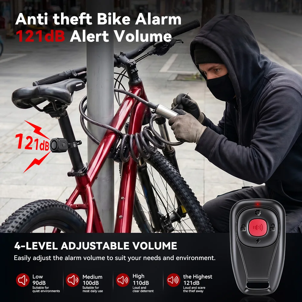 Two Way Bike Anti-theft Vibration Alarm Waterproof 7 Sensitivity 4 Volume 3 Alert Modes 121dB E-bike Motorcycle Scooter Alarm