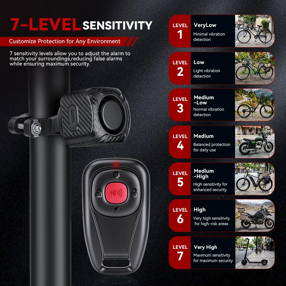 Two Way Bike Anti-theft Vibration Alarm Waterproof 7 Sensitivity 4 Volume 3 Alert Modes 121dB E-bike Motorcycle Scooter Alarm