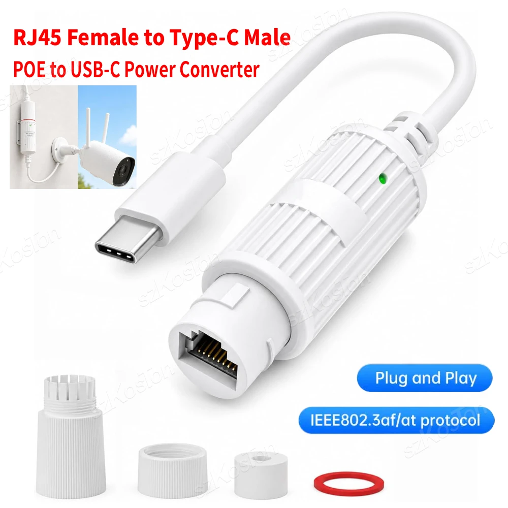 POE to USB-C Power Converter RJ45 Female to Type-C Male Charging Adapter Outdoor Waterproof for Security Camera Monitoring