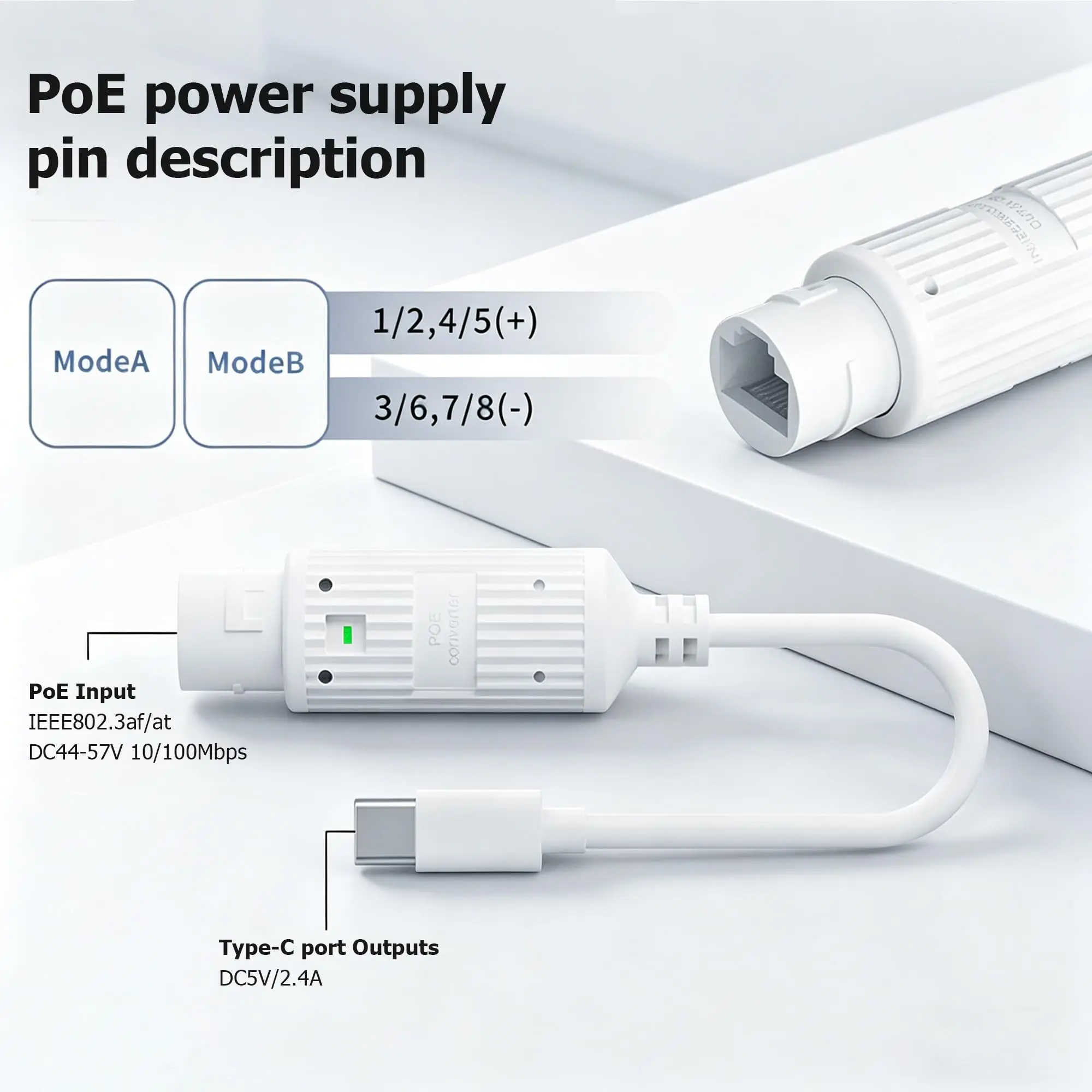 POE to USB-C Power Converter RJ45 Female to Type-C Male Charging Adapter Outdoor Waterproof for Security Camera Monitoring