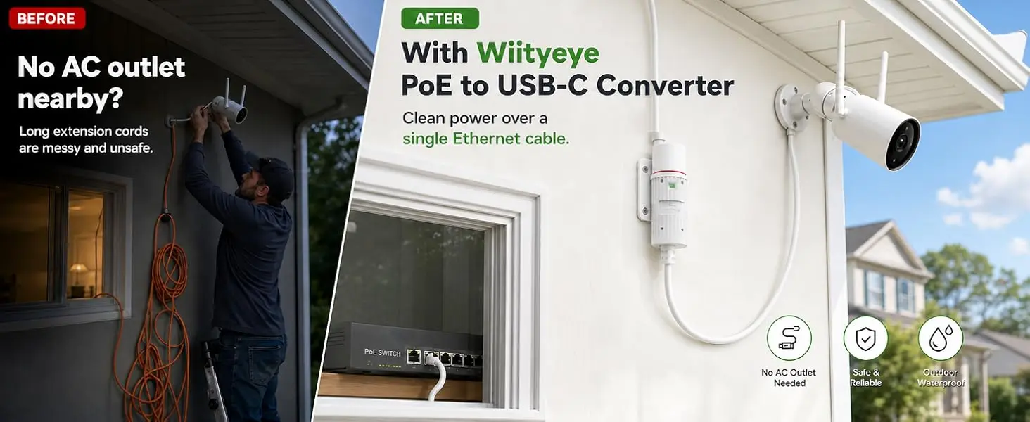 POE to USB-C Power Converter RJ45 Female to Type-C Male Charging Adapter Outdoor Waterproof for Security Camera Monitoring