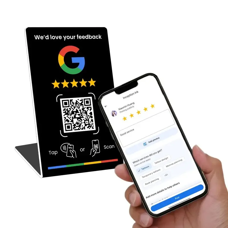 1/5PCS Acrylic NFC Review Card Stand, Tap or Scan Google Feedback Sign with Dynamic QR Code, Black or White