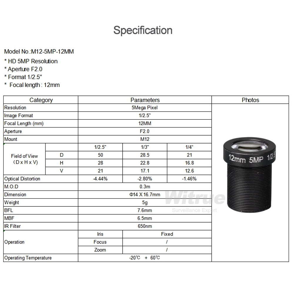 HD 5MP M12 Mount Lens 8MM 12MM 16MM with 650nm IR Filter Aperture F2.0 Format 1/2.5" for Surveillance Security CCTV Cameras