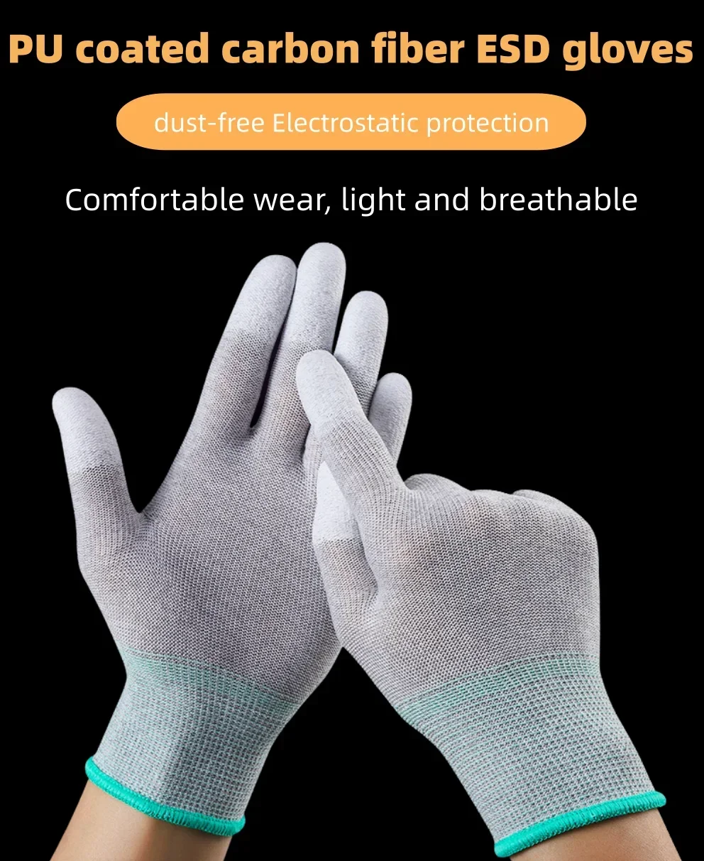 10 Pairs ESD Safety Work Gloves with Coated Fingertips for Electronics Maintenance, High Quality,