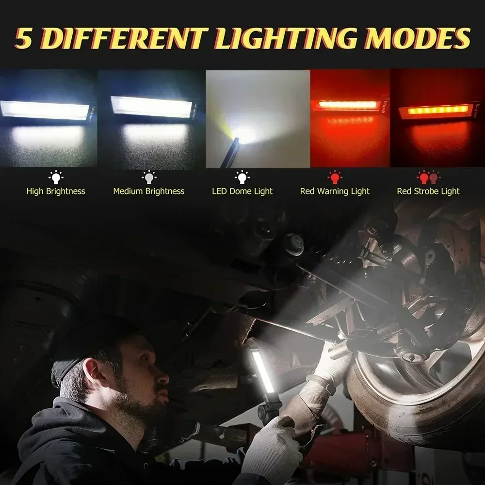 High Power LED Work Light 5 Lighting Mode Rechargeable Flashlight Inspection Lamp with Magnetic Power Bank 18650 Battery Torch