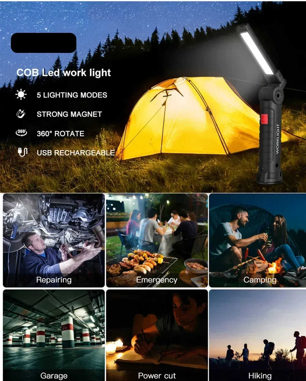 High Power LED Work Light 5 Lighting Mode Rechargeable Flashlight Inspection Lamp with Magnetic Power Bank 18650 Battery Torch