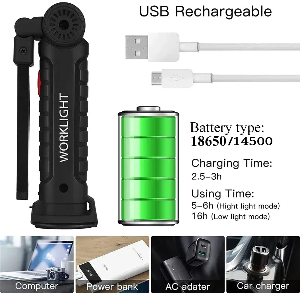High Power LED Work Light 5 Lighting Mode Rechargeable Flashlight Inspection Lamp with Magnetic Power Bank 18650 Battery Torch