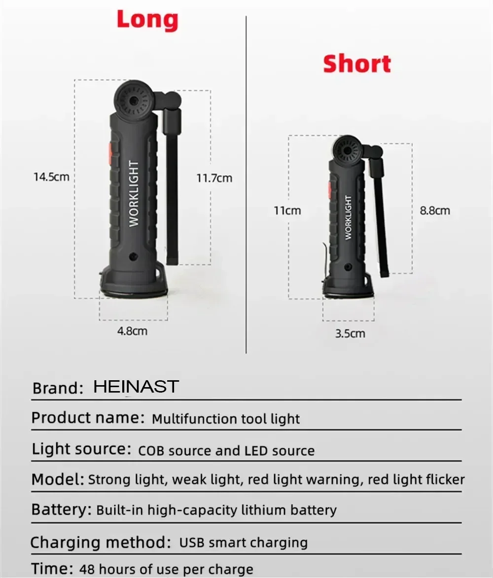 High Power LED Work Light 5 Lighting Mode Rechargeable Flashlight Inspection Lamp with Magnetic Power Bank 18650 Battery Torch