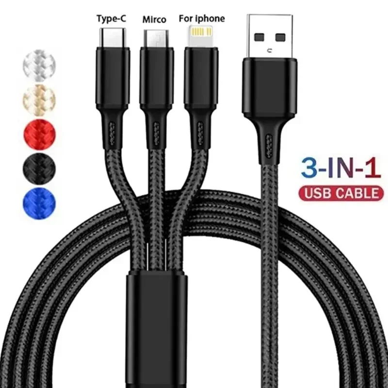 3 IN 1 USB Cable Micro USB Type C Charger Cable Multi Usb Port Fast Charging Cord For iPhone 11 12 13 Pro Max Xiaomi Samsung