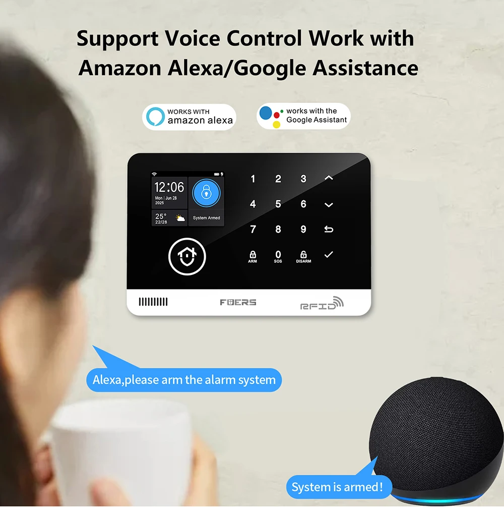 FUERS Alarm System Smart Home WIFI GSM Security Alarm Host Ant-theft with Door Motion Sensor Tuya Smart App control work Alexa