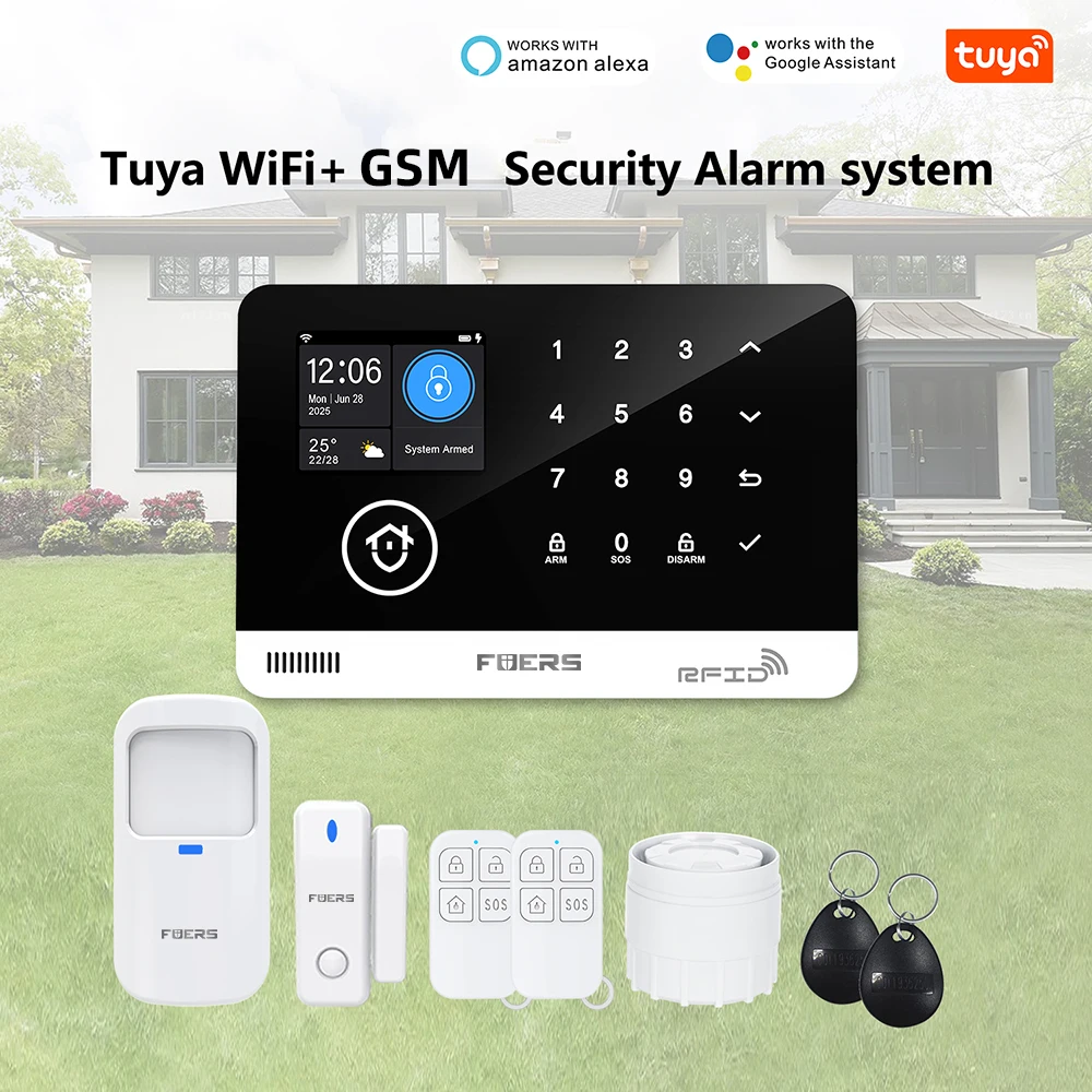 FUERS Alarm System Smart Home WIFI GSM Security Alarm Host Ant-theft with Door Motion Sensor Tuya Smart App control work Alexa