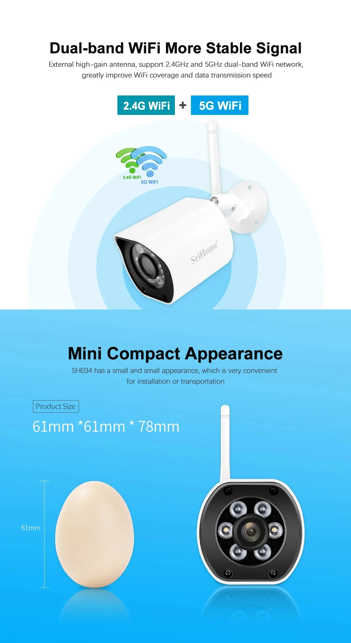 Srihome SH034 Wireless PTZ Camera HD 1080P Color Night Vision Wifi IP Camera Outdoor 5MP Ai Auto Tracking CCTV Surveillance Cam