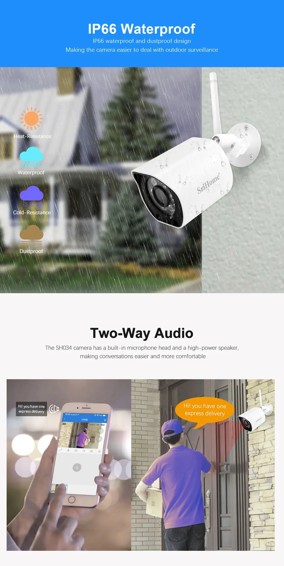 Srihome SH034 Wireless PTZ Camera HD 1080P Color Night Vision Wifi IP Camera Outdoor 5MP Ai Auto Tracking CCTV Surveillance Cam